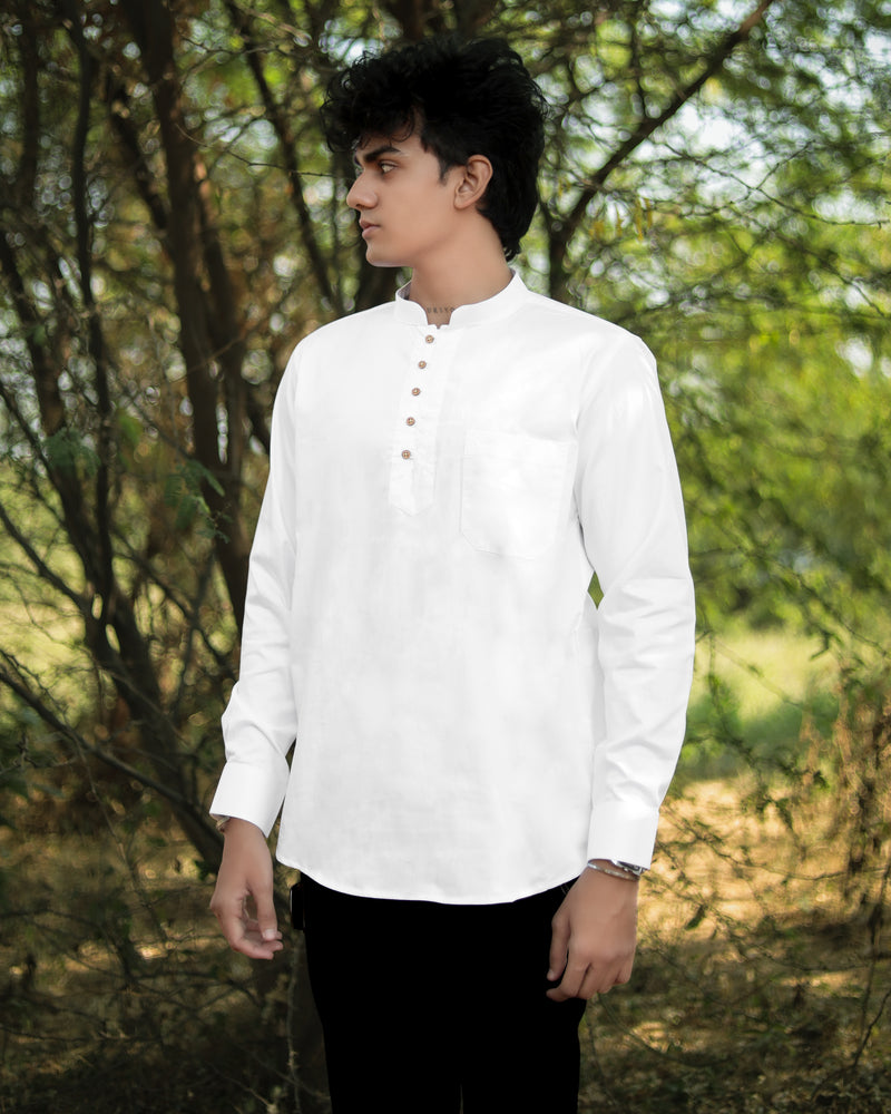 Bright White Indian Kurta Style Super Soft Giza Cotton SHIRT