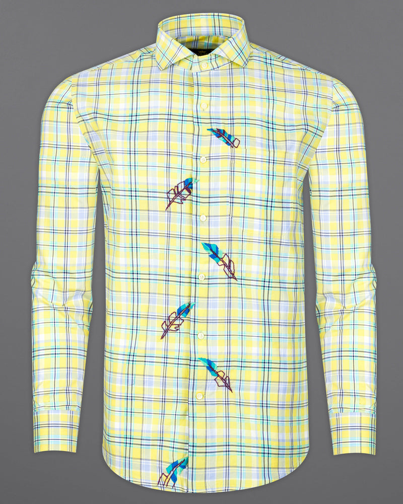 Manilla Yellow Checked with Leaves Embroidered Twill Premium Cotton Designer Shirt 7046-CA-E082-38, 7046-CA-E082-H-38, 7046-CA-E082-39, 7046-CA-E082-H-39, 7046-CA-E082-40, 7046-CA-E082-H-40, 7046-CA-E082-42, 7046-CA-E082-H-42, 7046-CA-E082-44, 7046-CA-E082-H-44, 7046-CA-E082-46, 7046-CA-E082-H-46, 7046-CA-E082-48, 7046-CA-E082-H-48, 7046-CA-E082-50, 7046-CA-E082-H-50, 7046-CA-E082-52, 7046-CA-E082-H-52