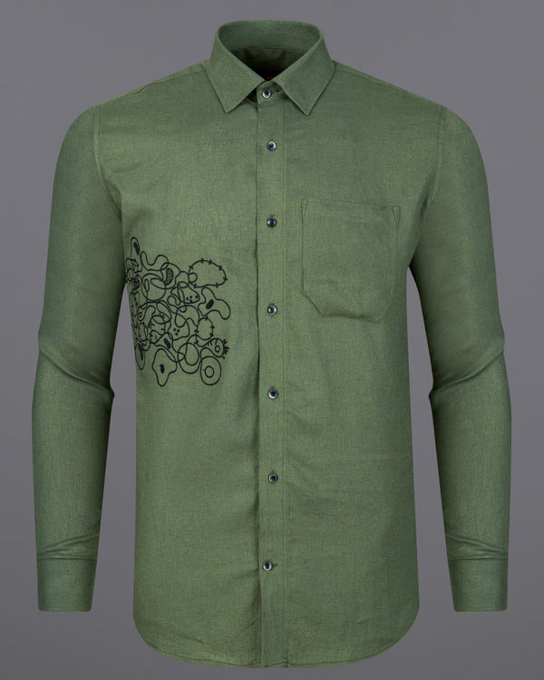 Flint Green with Black Embroidered Linen Designer Shirt