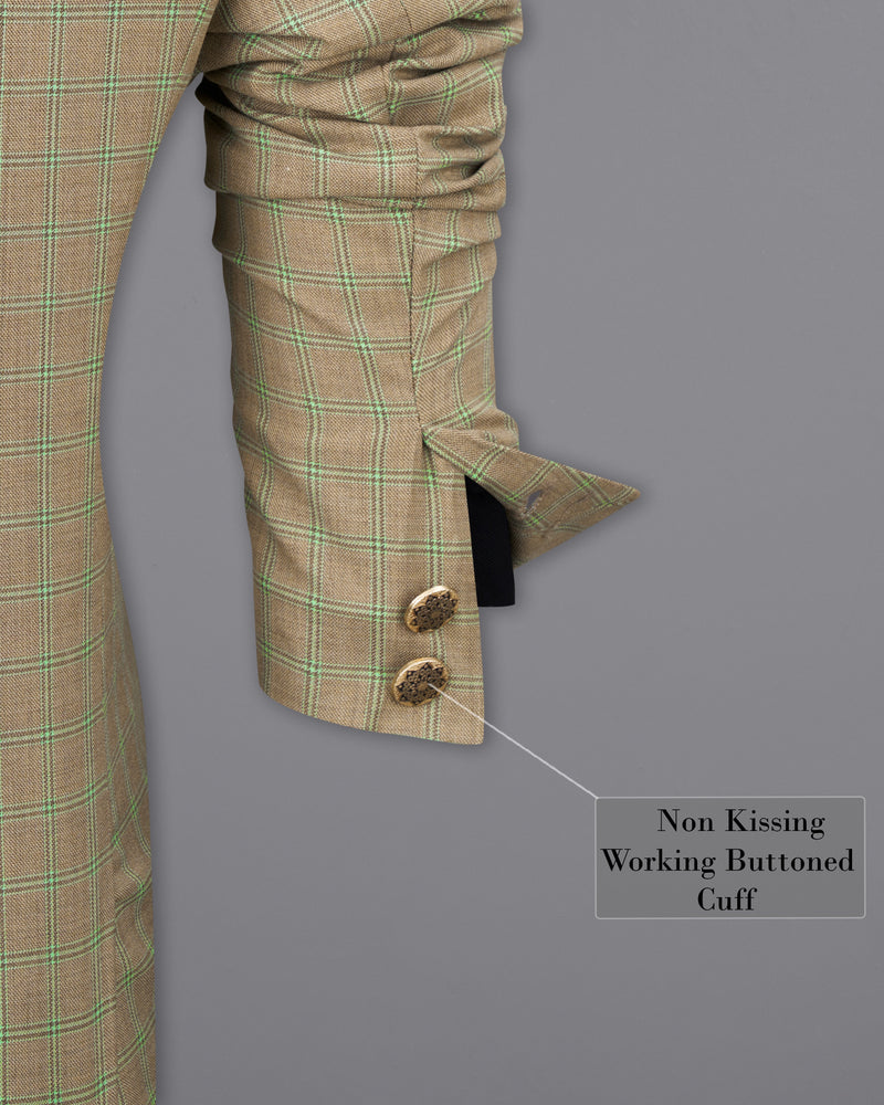 Sandrift Brown with Sprout Green Plaid Bandhgala Blazer