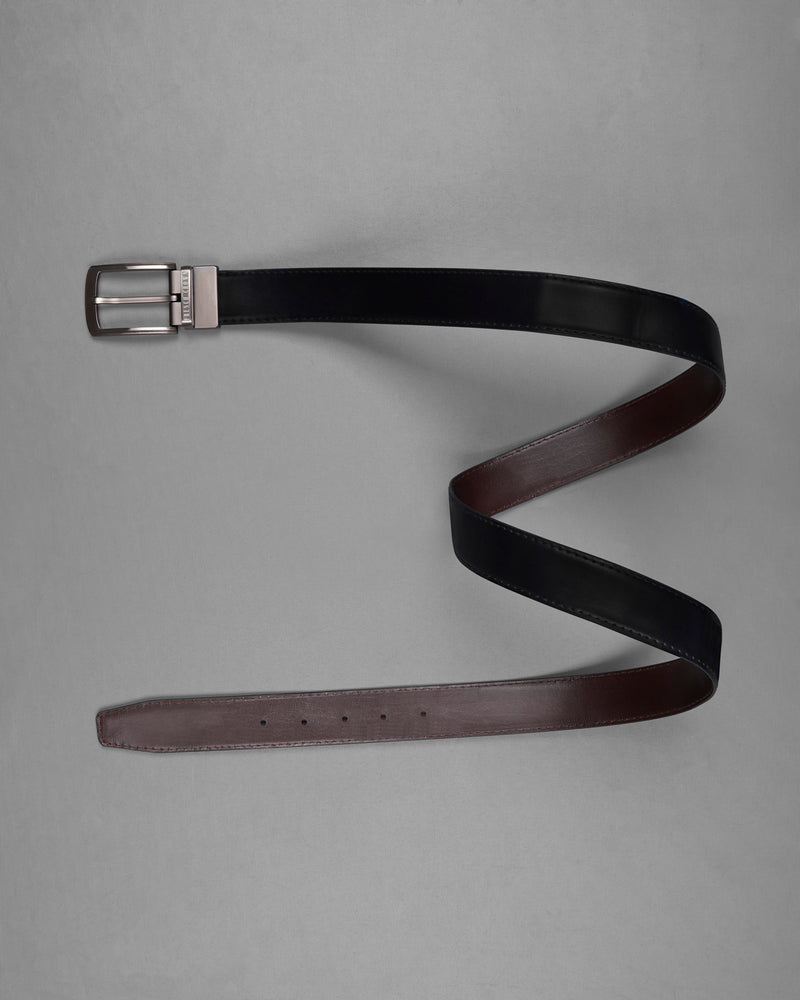 Shiny Silver Buckle with Jade Black and Brown Leather Free Handcrafted Reversible Belt BT057-28, BT057-30, BT057-32, BT057-34, BT057-36, BT057-38