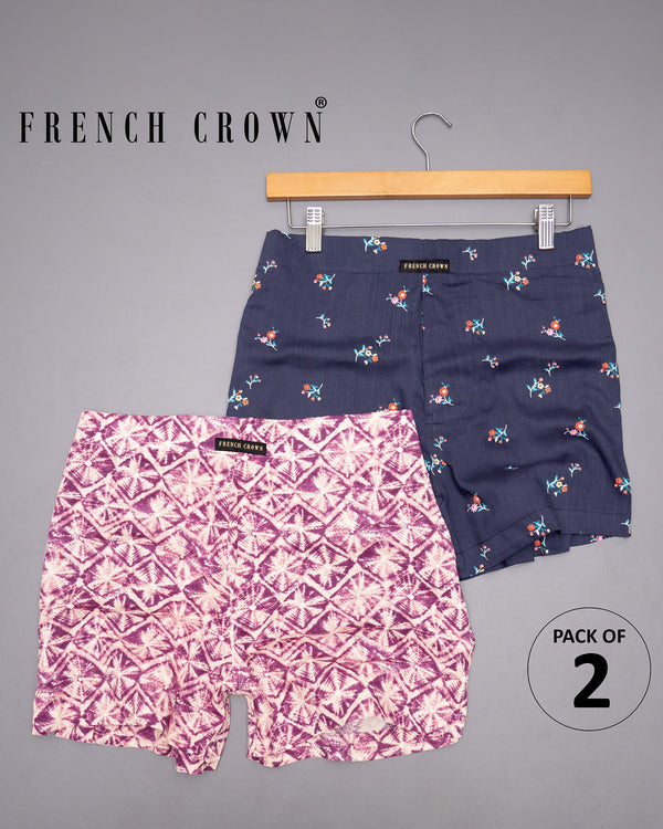 Rouge Pink and Haiti Blue Flowery Printed Tencel Boxers CBX369-28, CBX369-30, CBX369-32, CBX369-34, CBX369-36, CBX369-38, CBX369-40, CBX369-42, CBX369-44