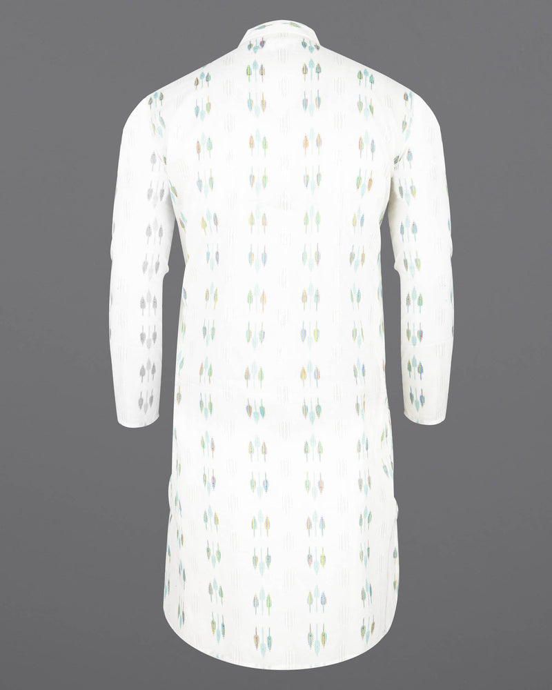 Bright White with colorful Leaves Jacquard Textured Premium Giza Cotton Kurta KT010-39, KT010-40, KT010-42, KT010-44, KT010-46