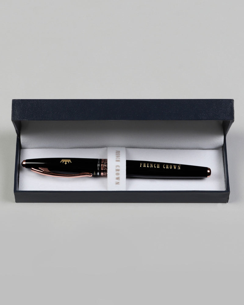 Glossy Jade Black with Rose Gold Detailed Flora Engraved Roller Pen
