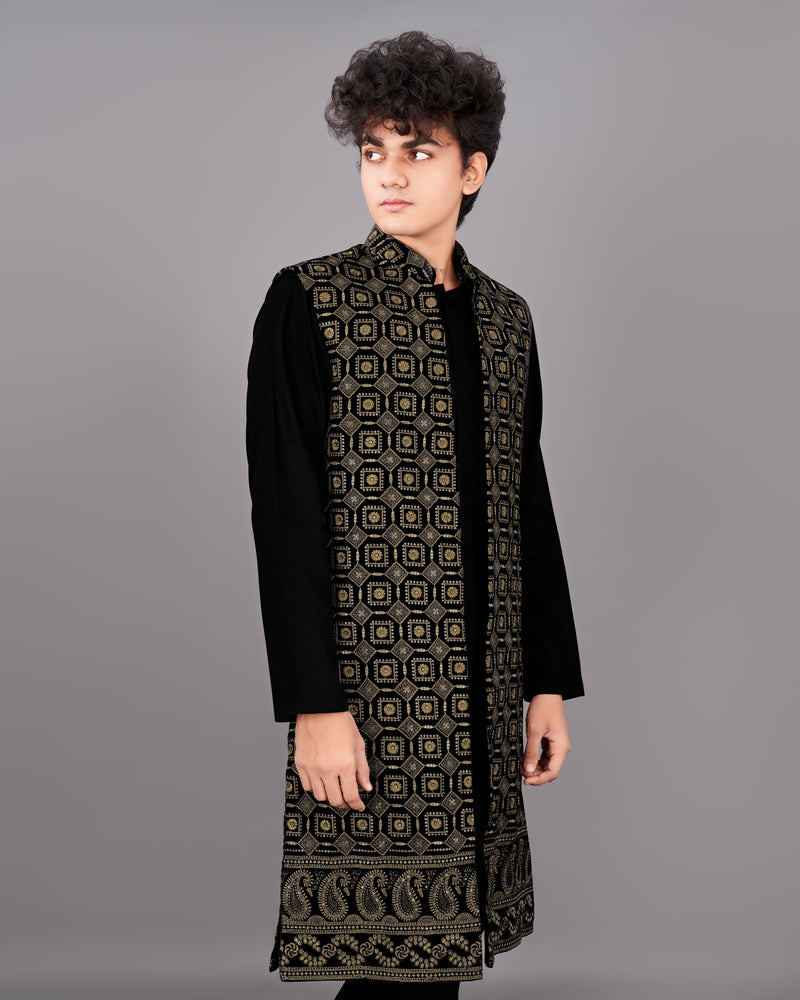 Jade Black with Moccasin Brown Sleeveless Embroidered Indo-Western with Kurta and Pants Set
