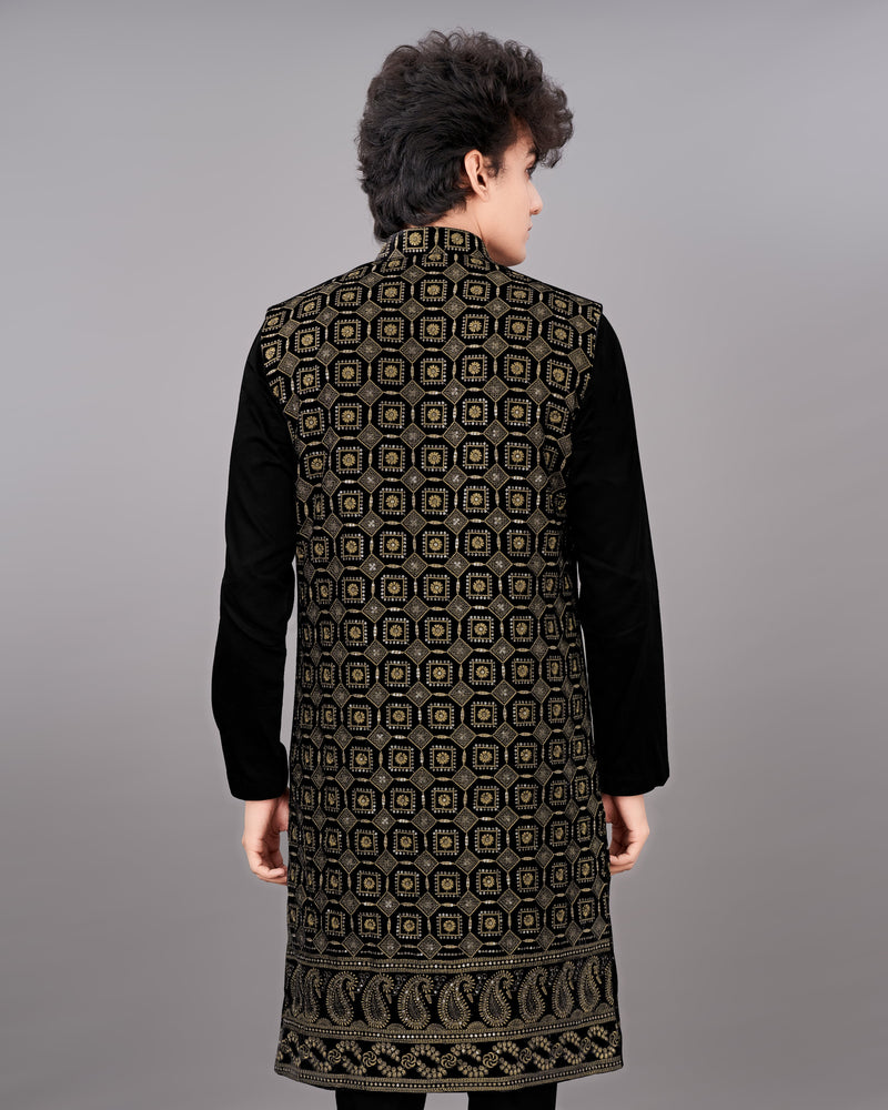 Jade Black with Moccasin Brown Sleeveless Embroidered Indo-Western with Kurta and Pants Set
