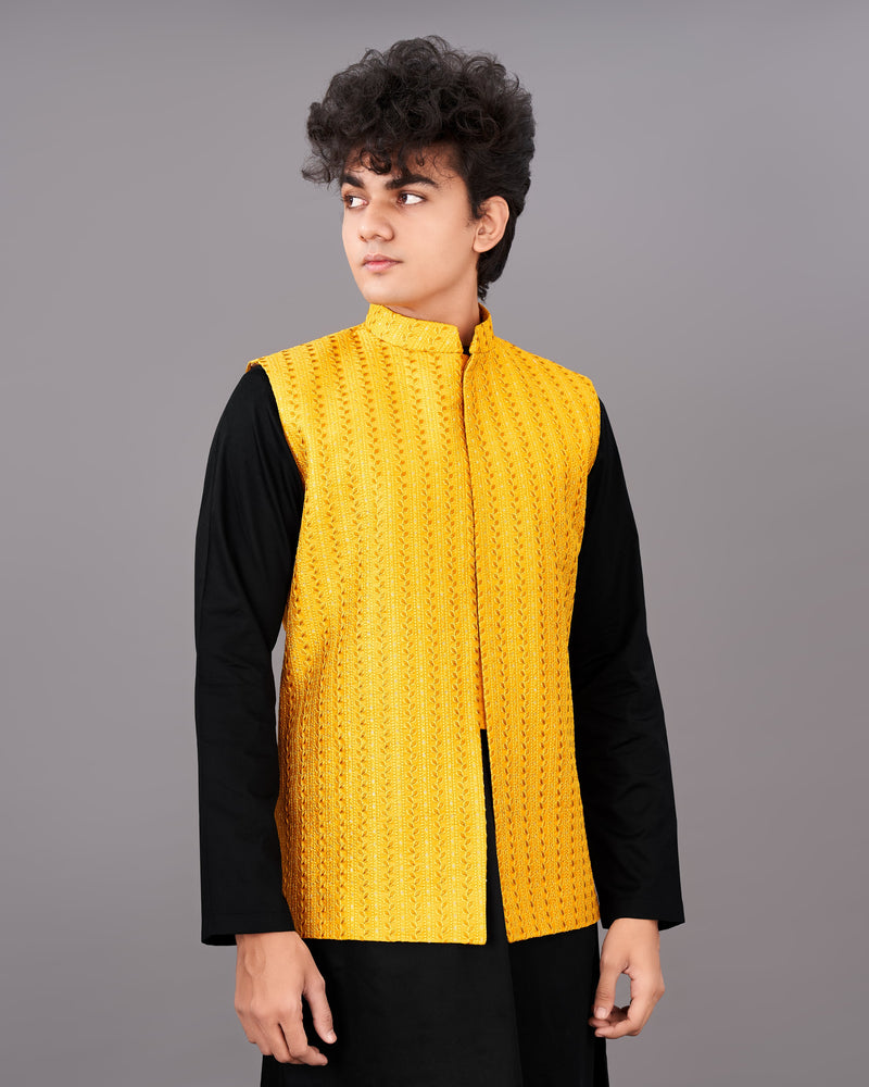 Mikado Yellow Sleeveless Embroidered Jacket with Kurta, Pants Set
