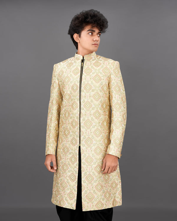 Navajo Brown with Oyster Peach and Sequence Embroidered Sherwani with Kurta and Pyjama Set