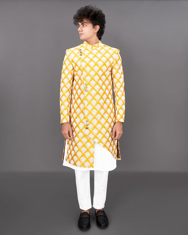 Squash Yellow and White and Sequence Embroidered Sherwani with Kurta and Pants Set