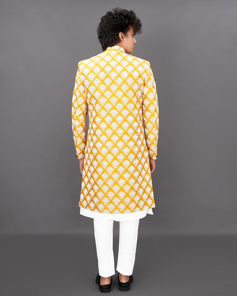 Squash Yellow and White and Sequence Embroidered Sherwani with Kurta and Pants Set