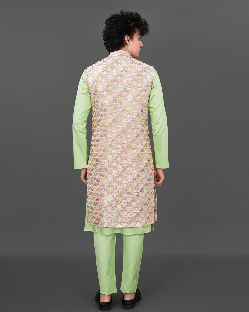 Vanilla Pink with Pixie Green Embroidered Sleeveless Indo-Western with Kurta and Pants Set