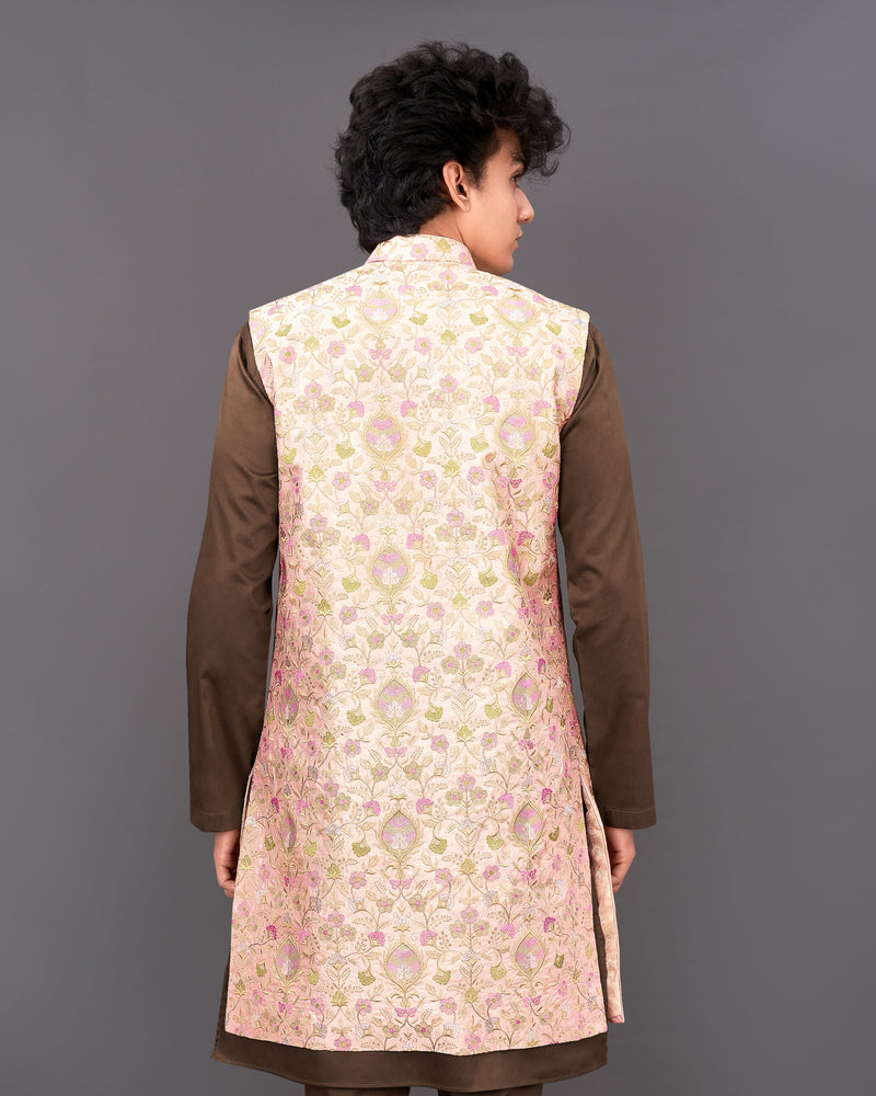 Mandys Peach Embroidered Sleeveless Indo-Western with Kurta and Pants Set