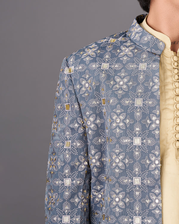 Dolphin Blue and Sequence Embroidered Sherwani with Kurta and Pants Set