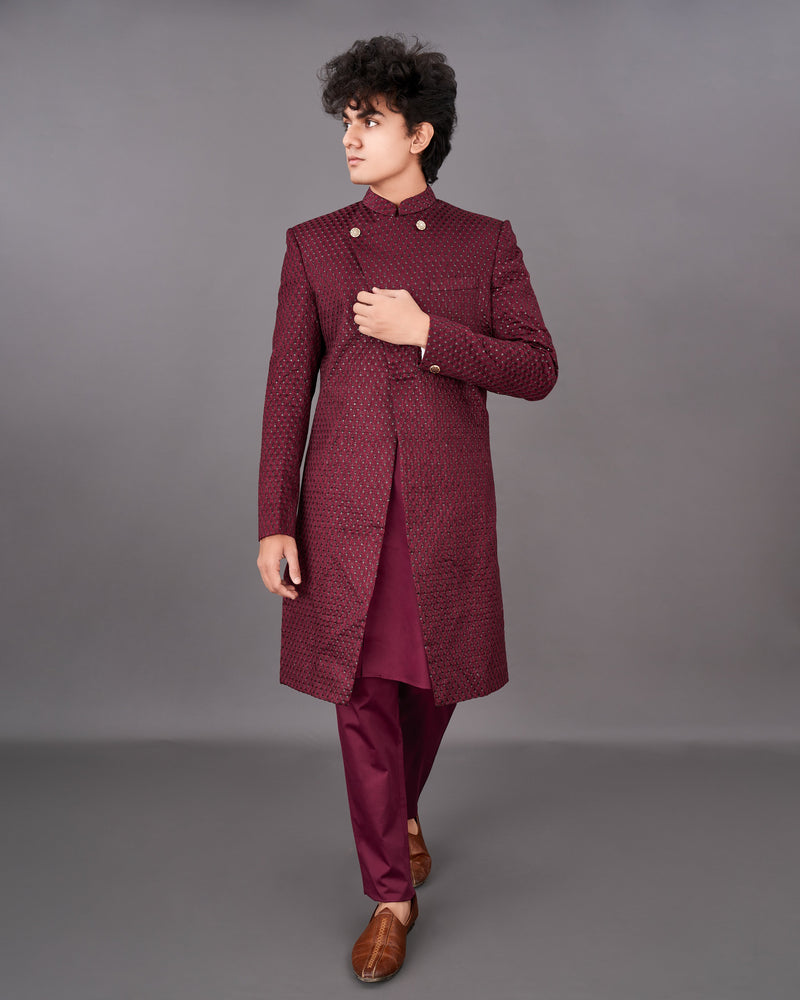 Espresso Maroon and Sequence Embroidered Sherwani with Kurta and Pants Set