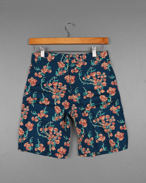 Firefly Blue Floral Printed Premium Linen Shorts SR113-28, SR113-30, SR113-32, SR113-34, SR113-36, SR113-38, SR113-40, SR113-42, SR113-44