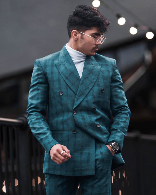 Deep Teal Plaid Double Breasted Suit