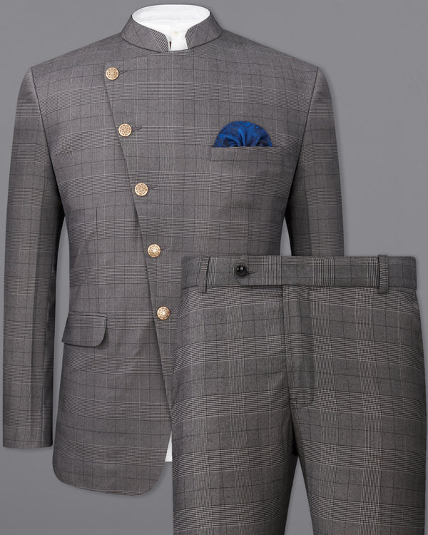 Fuscous Gray Plaid Cross Buttoned Bandhgala Suit