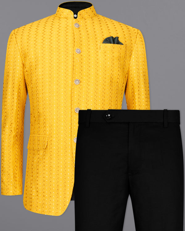 Mikado Yellow Cotton Thread Embroidered Bandhgala Jodhpuri Suit