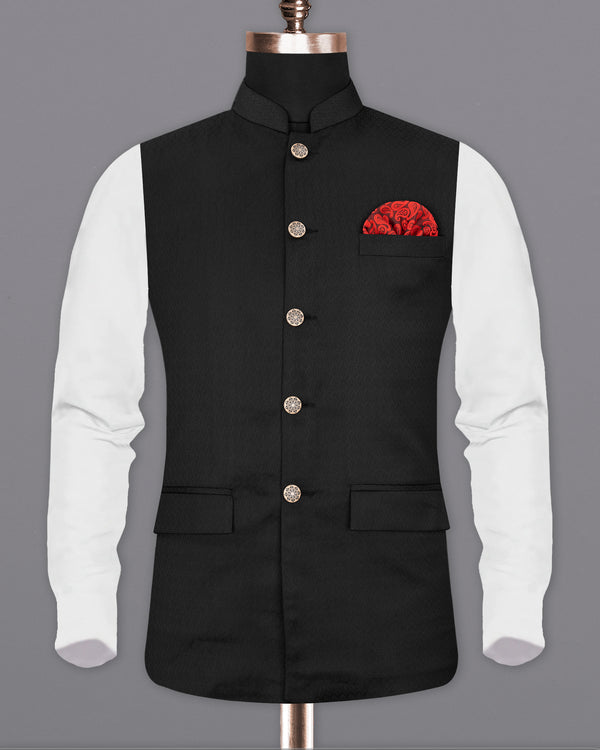 Midnight Moss Black Jacquard Leaves Patterned Textured Nehru Jacket