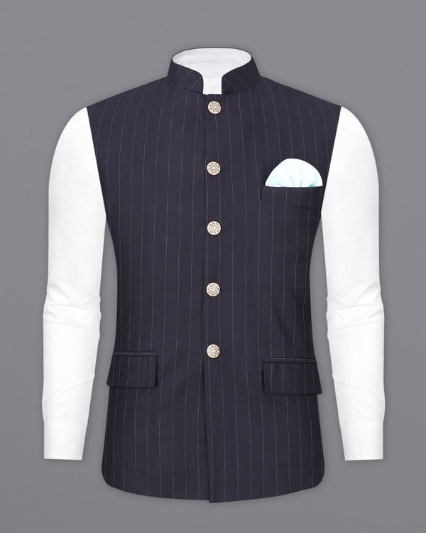 Thunder Black Striped Premium Cotton Nehru Jacket