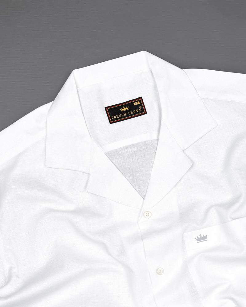 Bright White Cuban Collar Luxurious Linen Shirt