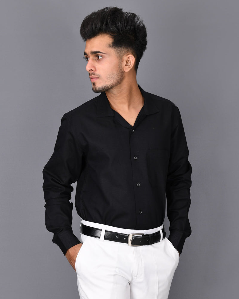 Jade Black Cuban Collar Luxurious Linen Shirt