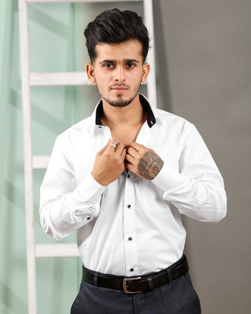 Bright White with Black Collar detailed Super Soft Giza Cotton SHIRT