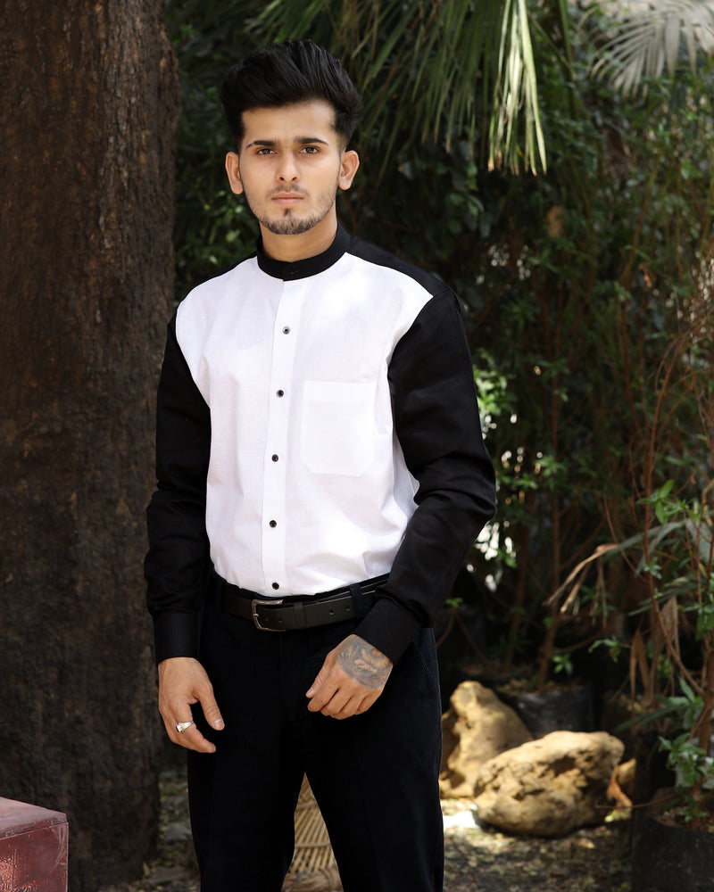 Bright White with Black Patterned Luxurious Linen Shirt