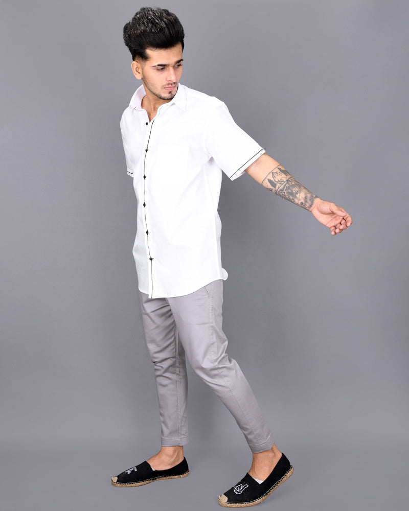 Bright White with Black Centre Piping Luxurious Linen Shirt