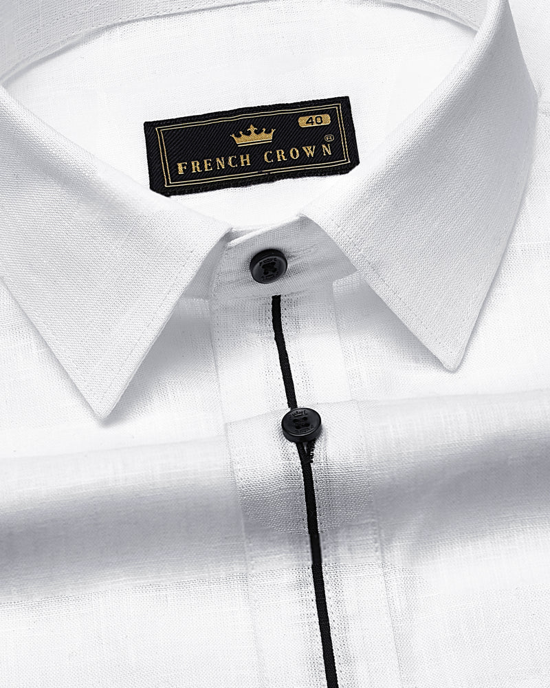 Bright White with Black Centre Piping Luxurious Linen Shirt