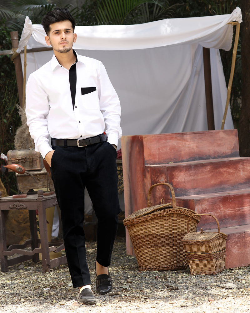 Bright White with Black Patterned Luxurious Linen Shirt