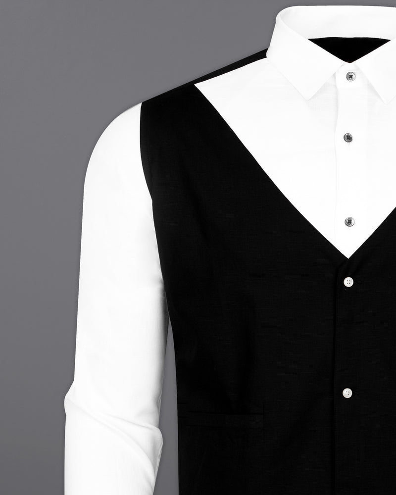 Bright White with black waistcoat Patterned Luxurious Linen Shirt