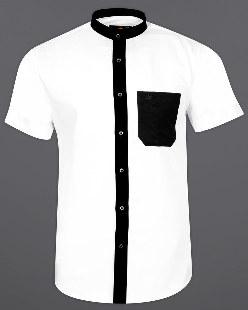 Bright White with Black Patch work Mandarin Collar Premium Satin Shirt