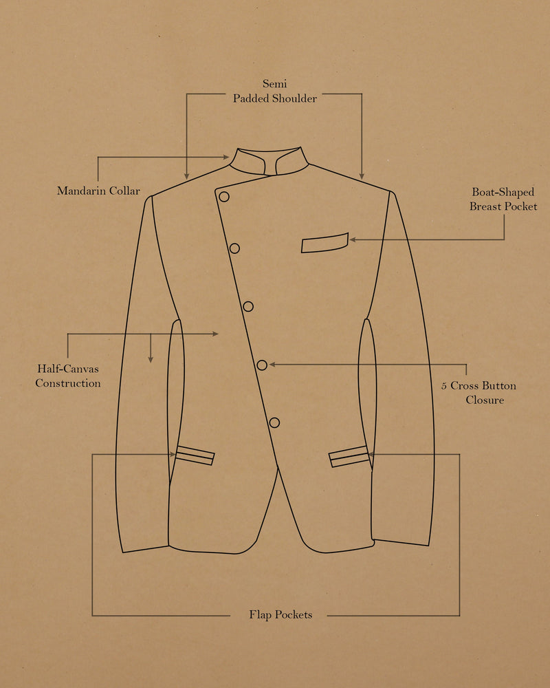 Lead Grey tonal windowpane Cross Buttoned Bandhgala/Mandarin Wool blend Blazer