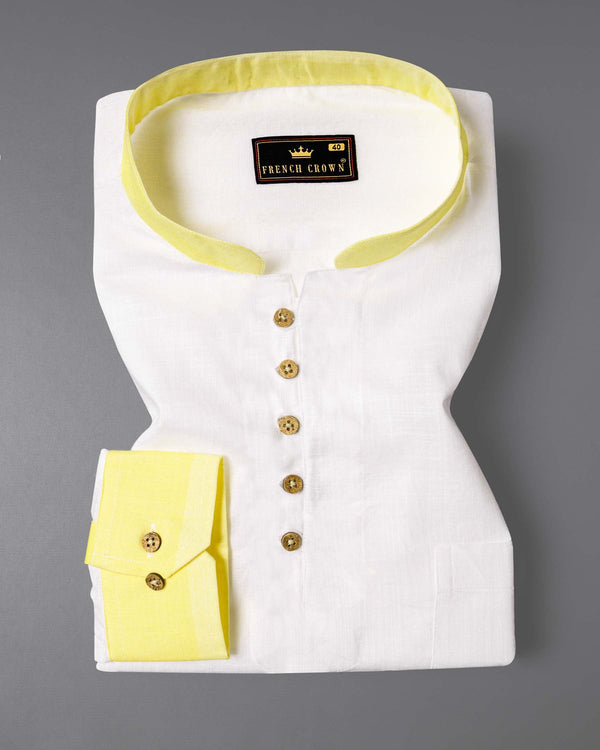 Bright White with yellow cuff collar Luxurious Linen Kurta Shirt 6042-KS-38, 6042-KS-H-38, 6042-KS-39, 6042-KS-H-39, 6042-KS-40, 6042-KS-H-40, 6042-KS-42, 6042-KS-H-42, 6042-KS-44, 6042-KS-H-44, 6042-KS-46, 6042-KS-H-46, 6042-KS-48, 6042-KS-H-48, 6042-KS-50, 6042-KS-H-50, 6042-KS-52, 6042-KS-H-52