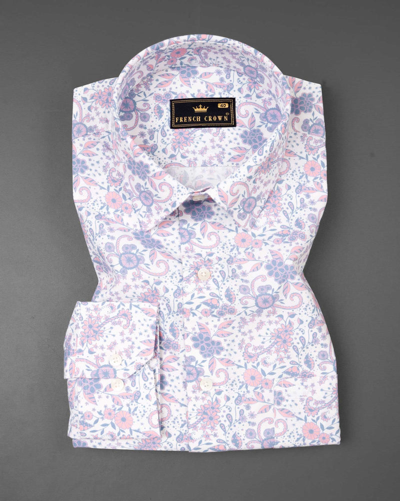 Bright White with Pastel Blue and Pink decorated Flowers Printed Premium Cotton Shirt 6135-38, 6135-H-38, 6135-39, 6135-H-39, 6135-40, 6135-H-40, 6135-42, 6135-H-42, 6135-44, 6135-H-44, 6135-46, 6135-H-46, 6135-48, 6135-H-48, 6135-50, 6135-H-50, 6135-52, 6135-H-52