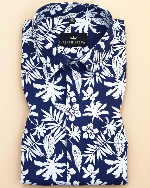 Navy Tropical Printed Poplin Shirt