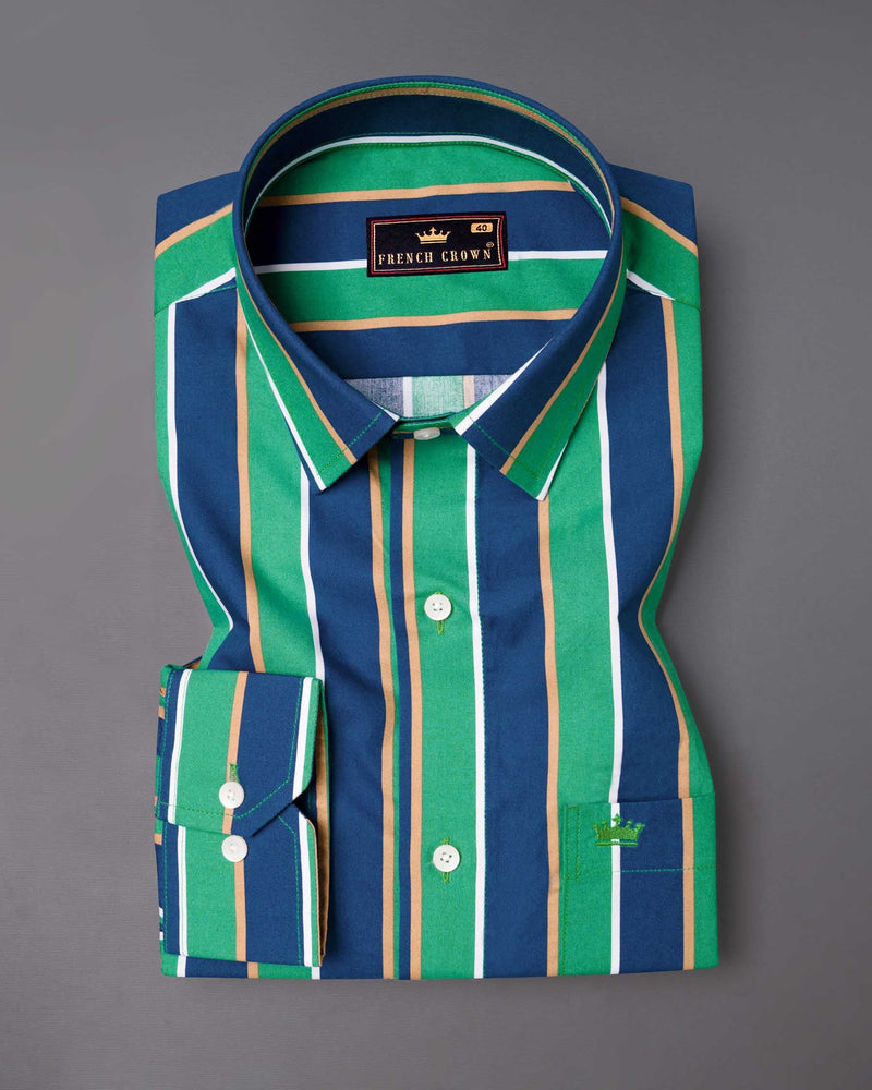 Astronaut Blue with Jungle Green Striped Premium Cotton Shirt