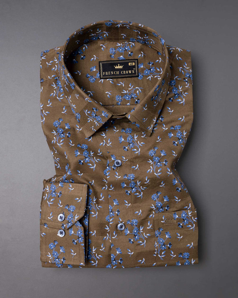 Pine Cone Brown Floral Printed Dobby Premium Giza Cotton Shirt