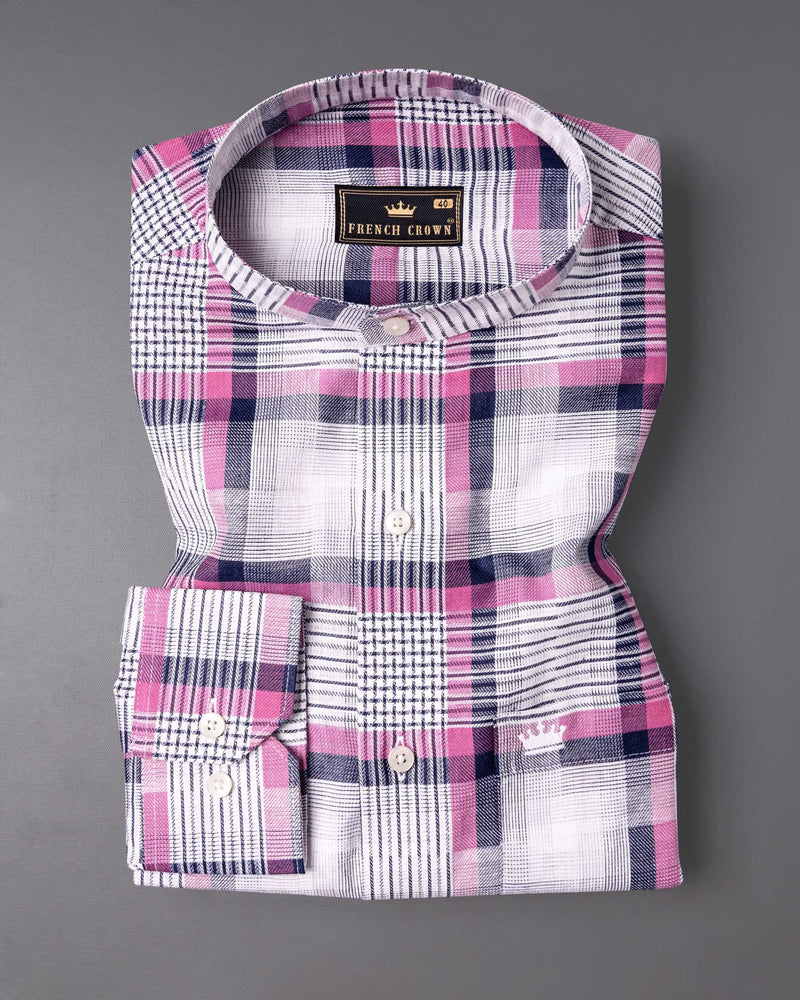 Bright White with Hopbush Pink Twill Plaid Premium Cotton Shirt