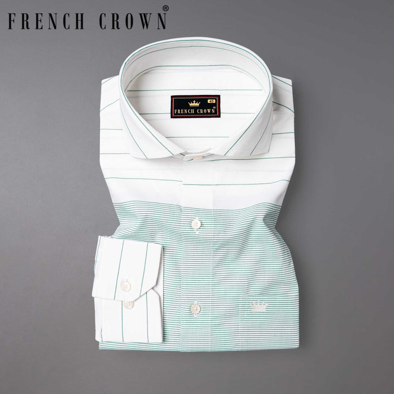 Bright White with Green Horizontal Striped Premium Cotton Shirt
