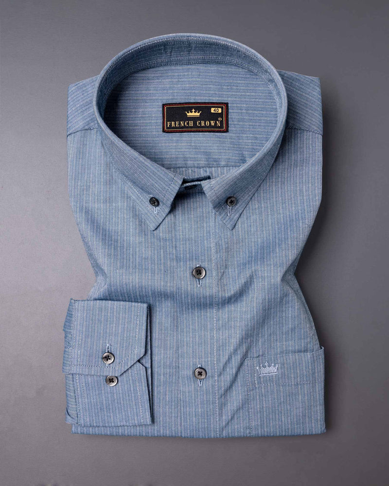Cadet Blue Twill Striped Textured Premium Cotton Shirt