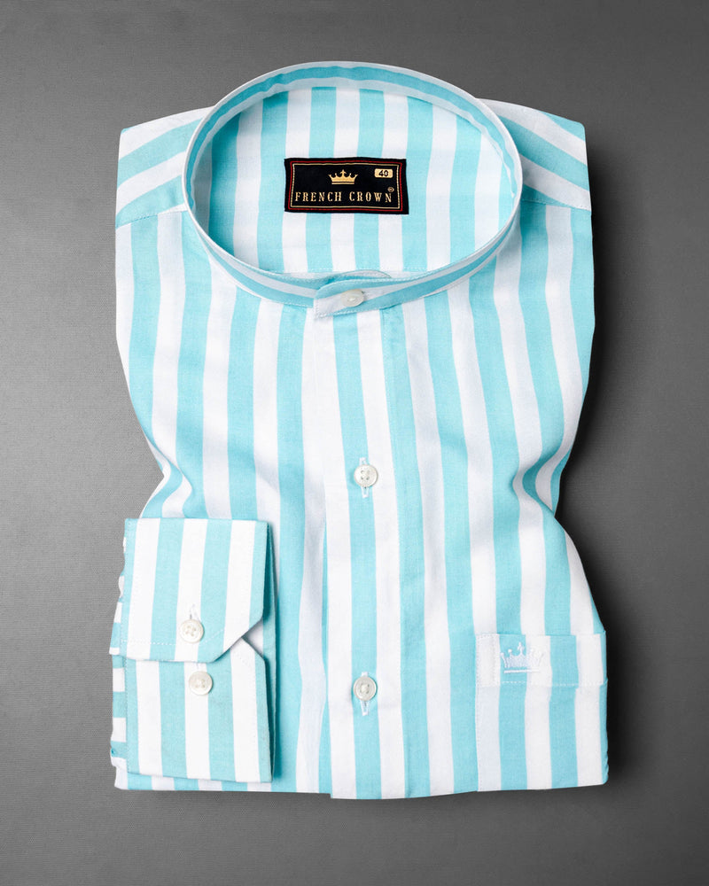 Aqua Blue and White Striped Tencel Shirt