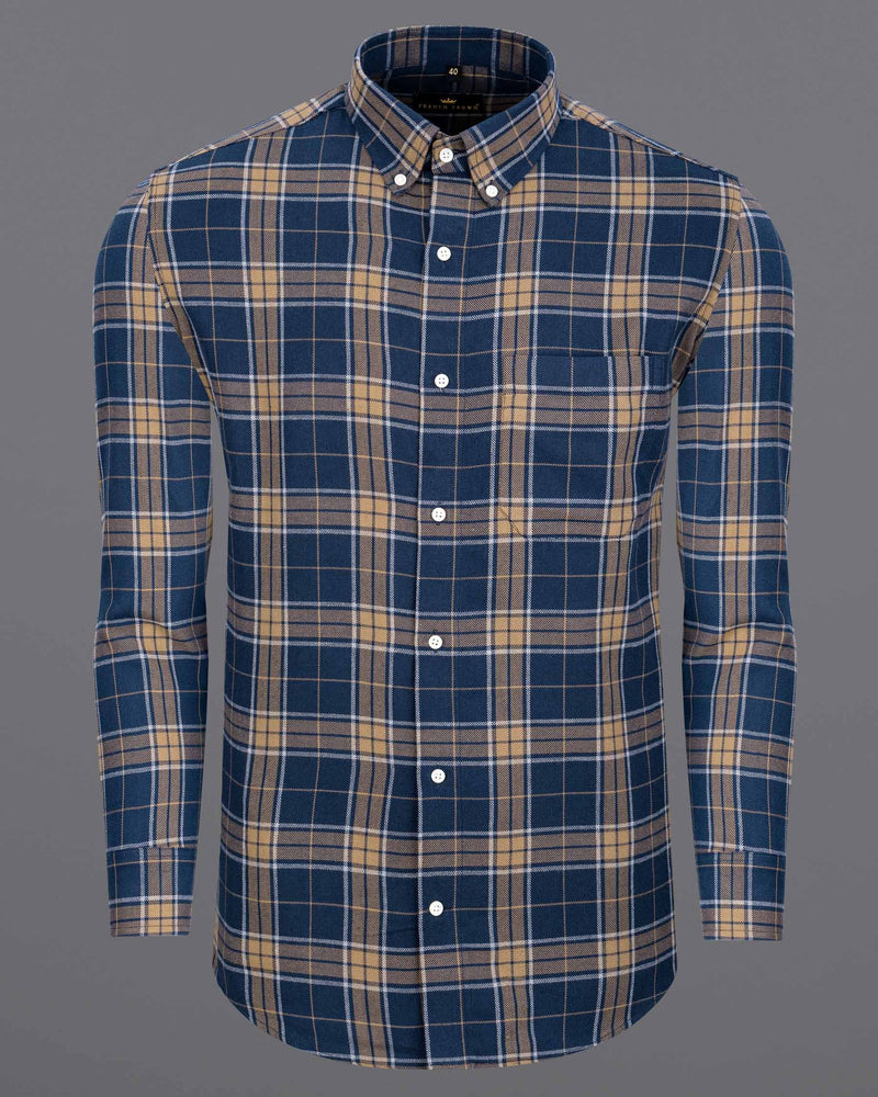 Cloud Burst Blue and Pale Taupe Plaid Flannel Shirt