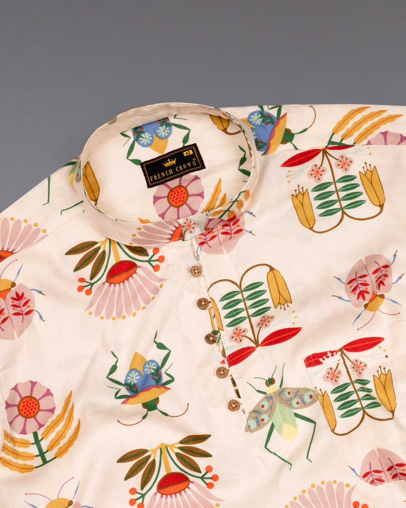 Brandy Beige Bugs and flowers Printed Super Soft Flannel Kurta Shirt