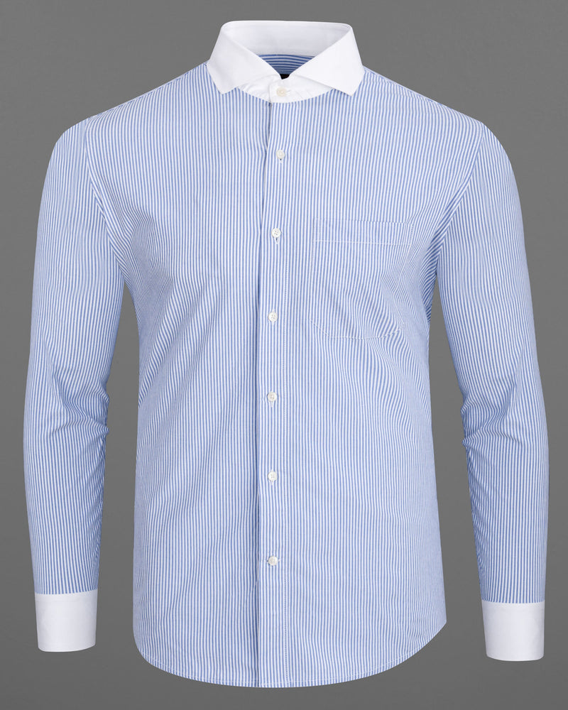 Bright White and Wistful Blue Striped with White Collar Premium Cotton Shirt