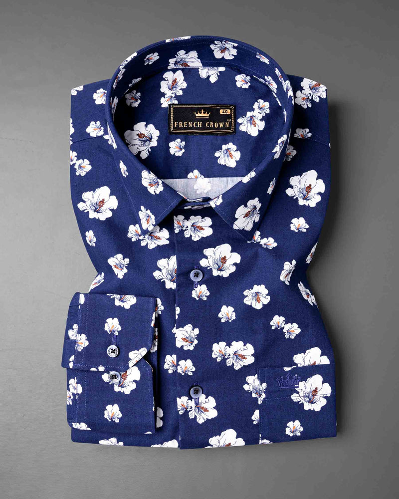 Nile Blue Hibiscus Floral Printed Premium Cotton Shirt