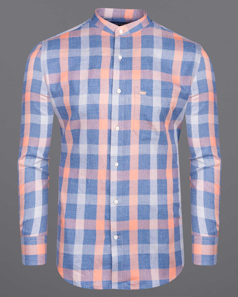 Apricot Peach and Chambray Blue Checkered Dobby Textured Premium Cotton Shirt