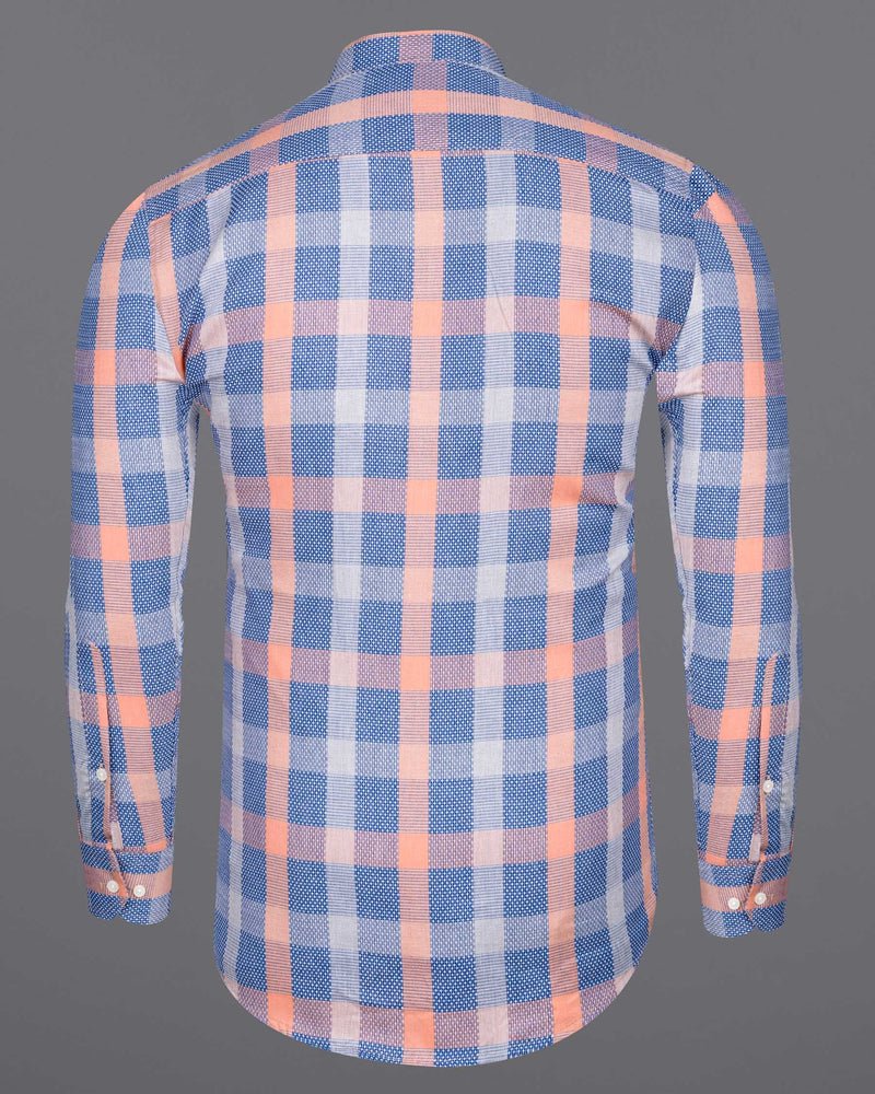 Apricot Peach and Chambray Blue Checkered Dobby Textured Premium Cotton Shirt