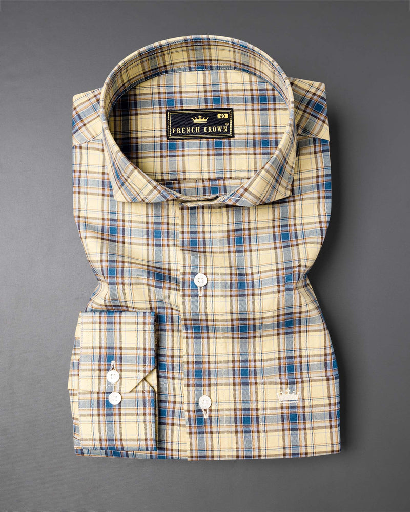 Double Pearl Beige and Astral Blue Plaid Twill Textured Premium Cotton Shirt